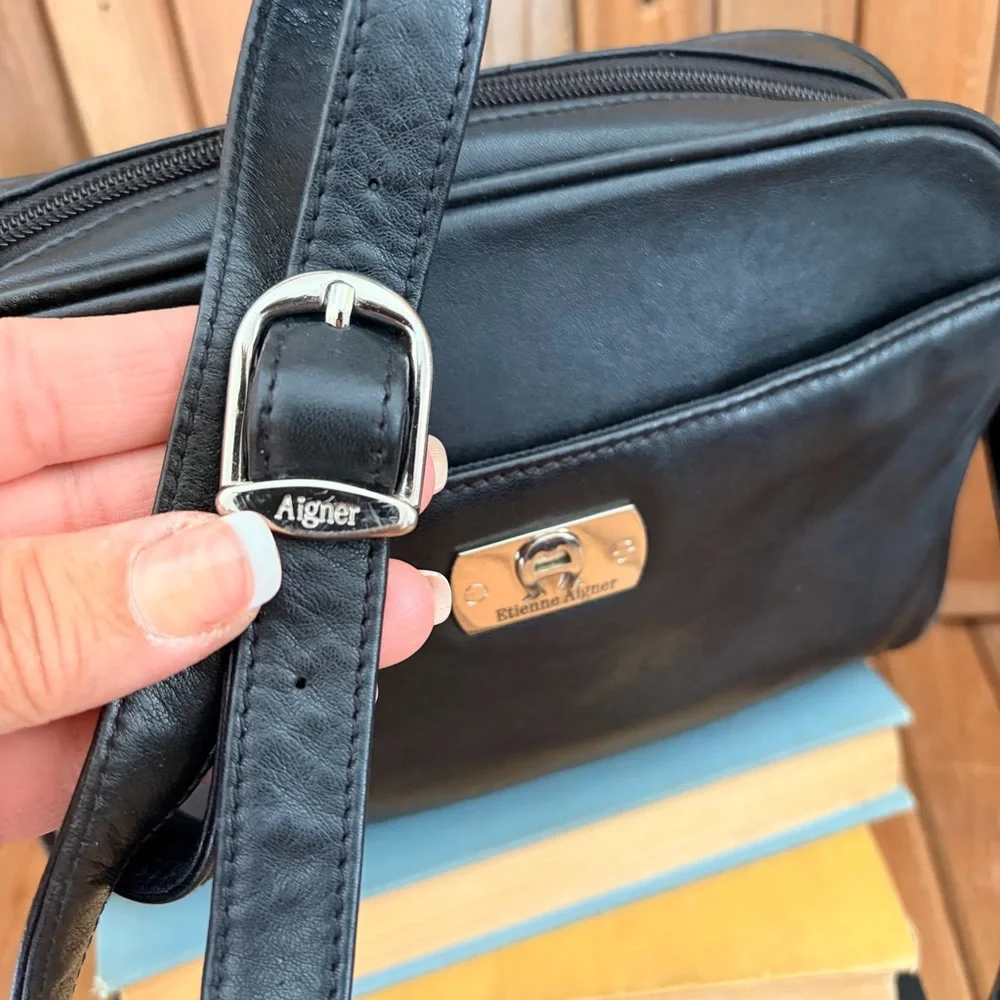 Vintage Etienne Aigner Black Leather Crossbody Bag Classic Minimalist Designer